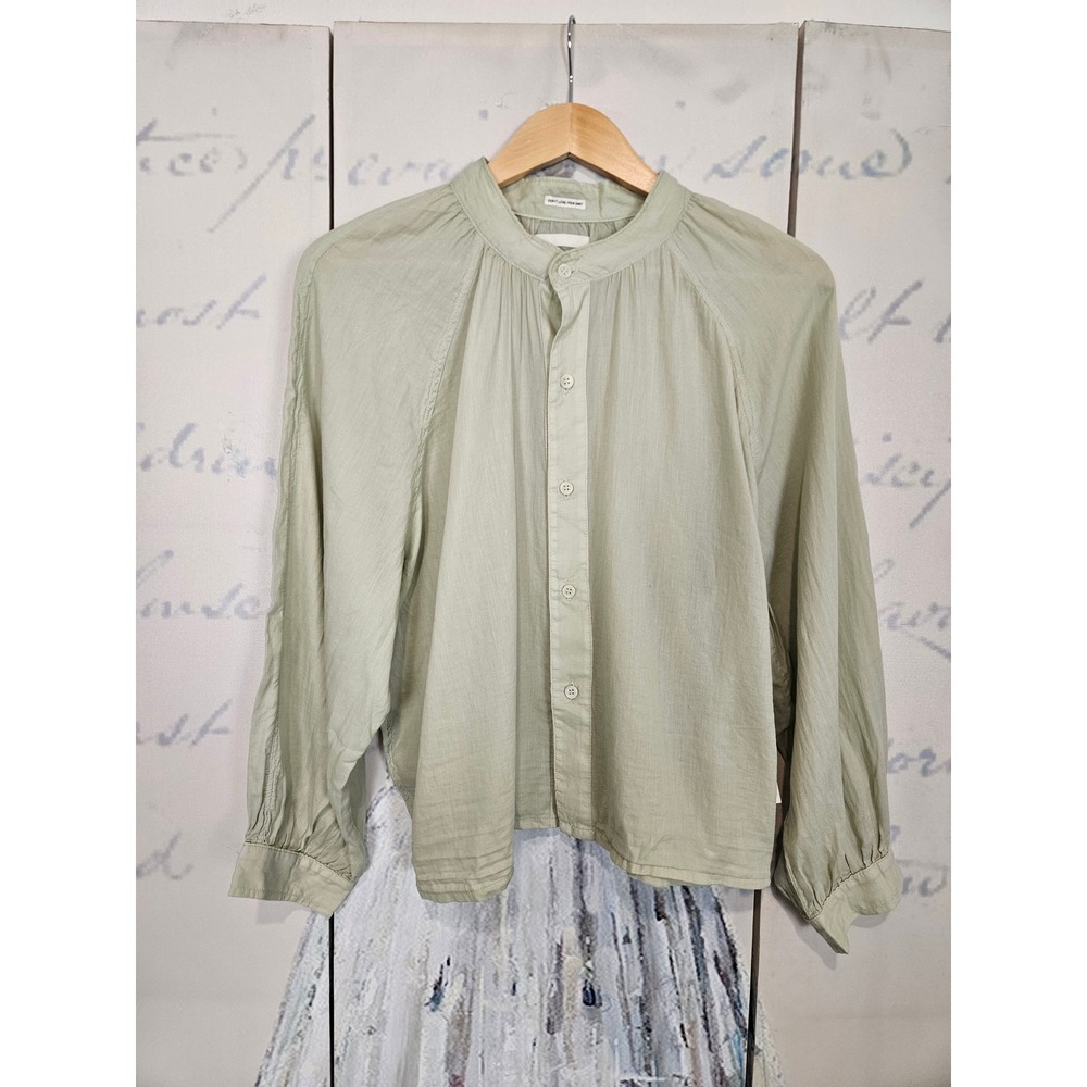 NWT‎ MOTHER The Sunburst Shirt L Swamp Green Cotton Band Collar Gauze Blouse